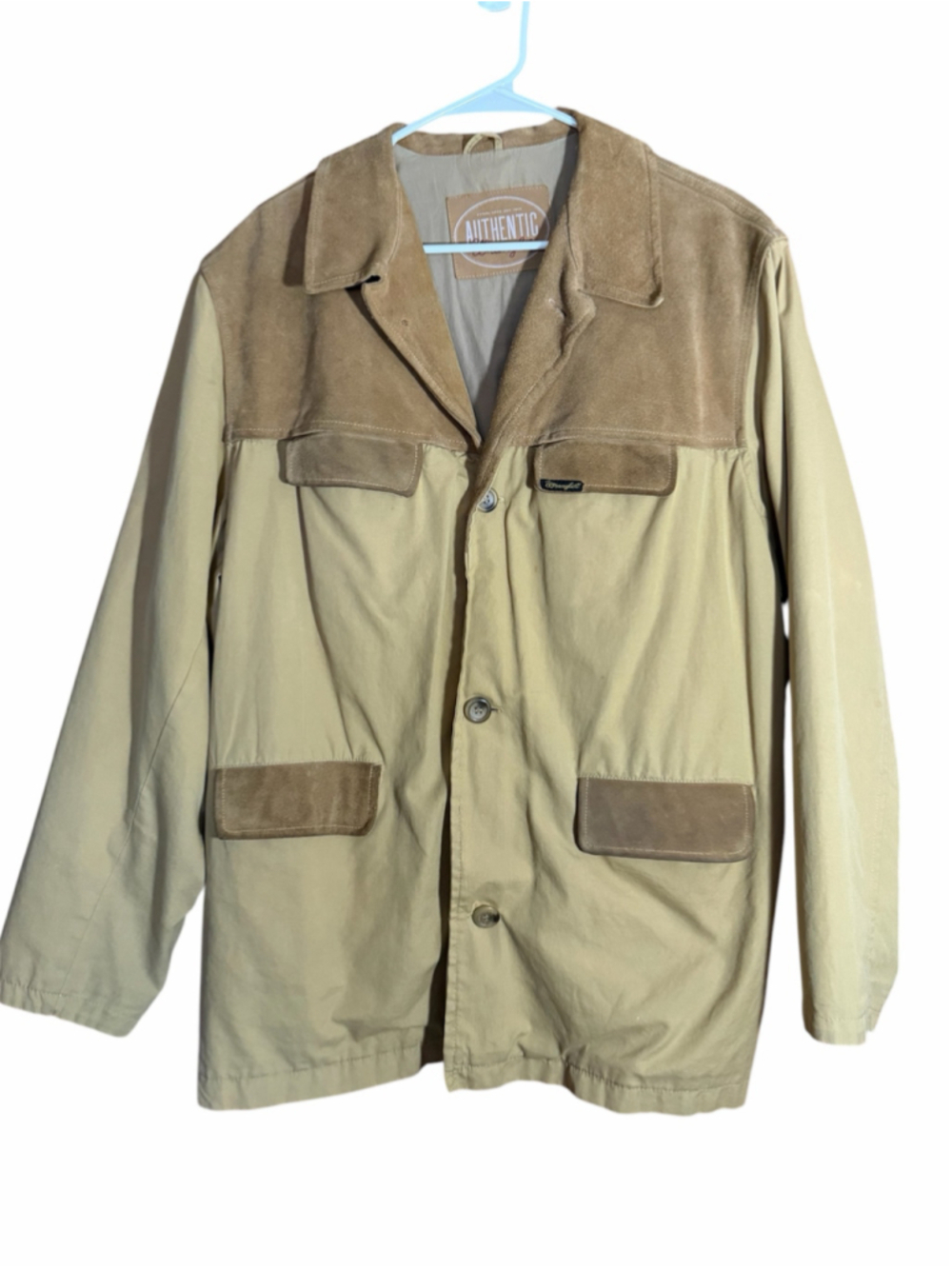 vintage Wrangler tan canvas field chore jacket with brown suede medium